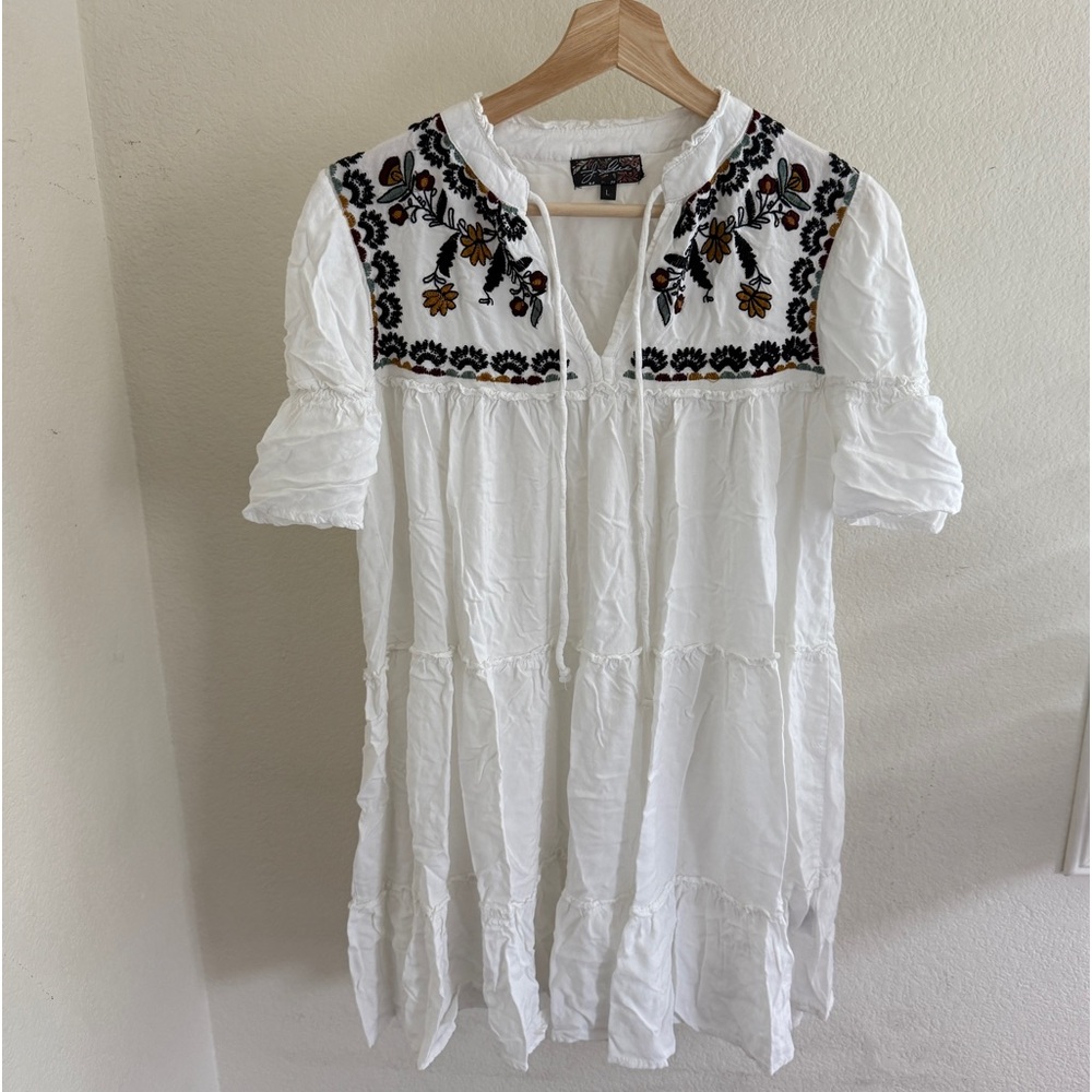 Embroidered White Mini Dress with Floral Yoke